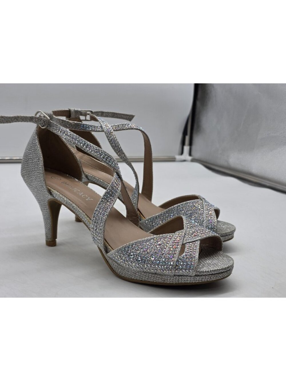 Delicacy Shoes Womens Size 6 Silver Rhinestone Strappy Ankle Strap Heels Stains